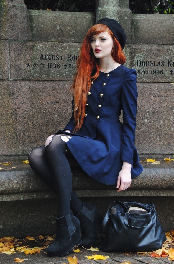 Redhead Teen Girl wearing Black Ripped Opaque Pantyhose